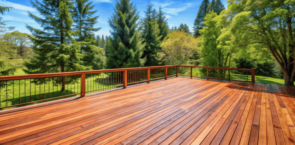 Stained deck, with trees in background