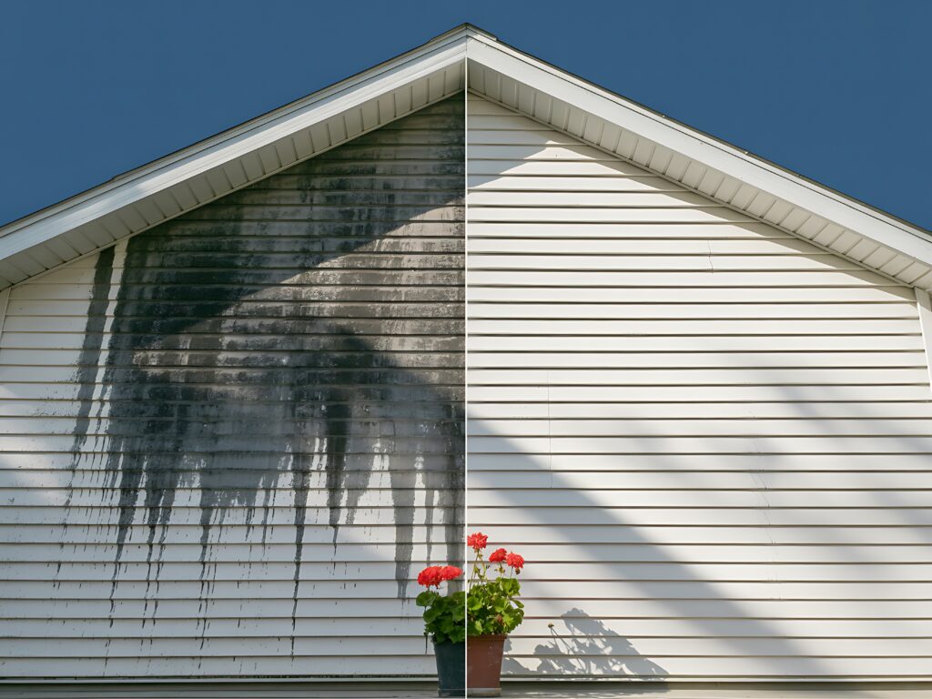 Before and after photo of soft washing results on vinyl siding.